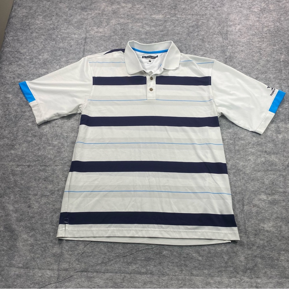 Pebble Beach Mens Blue/White Striped Short Sleeve Performance Polo Size‎ LG